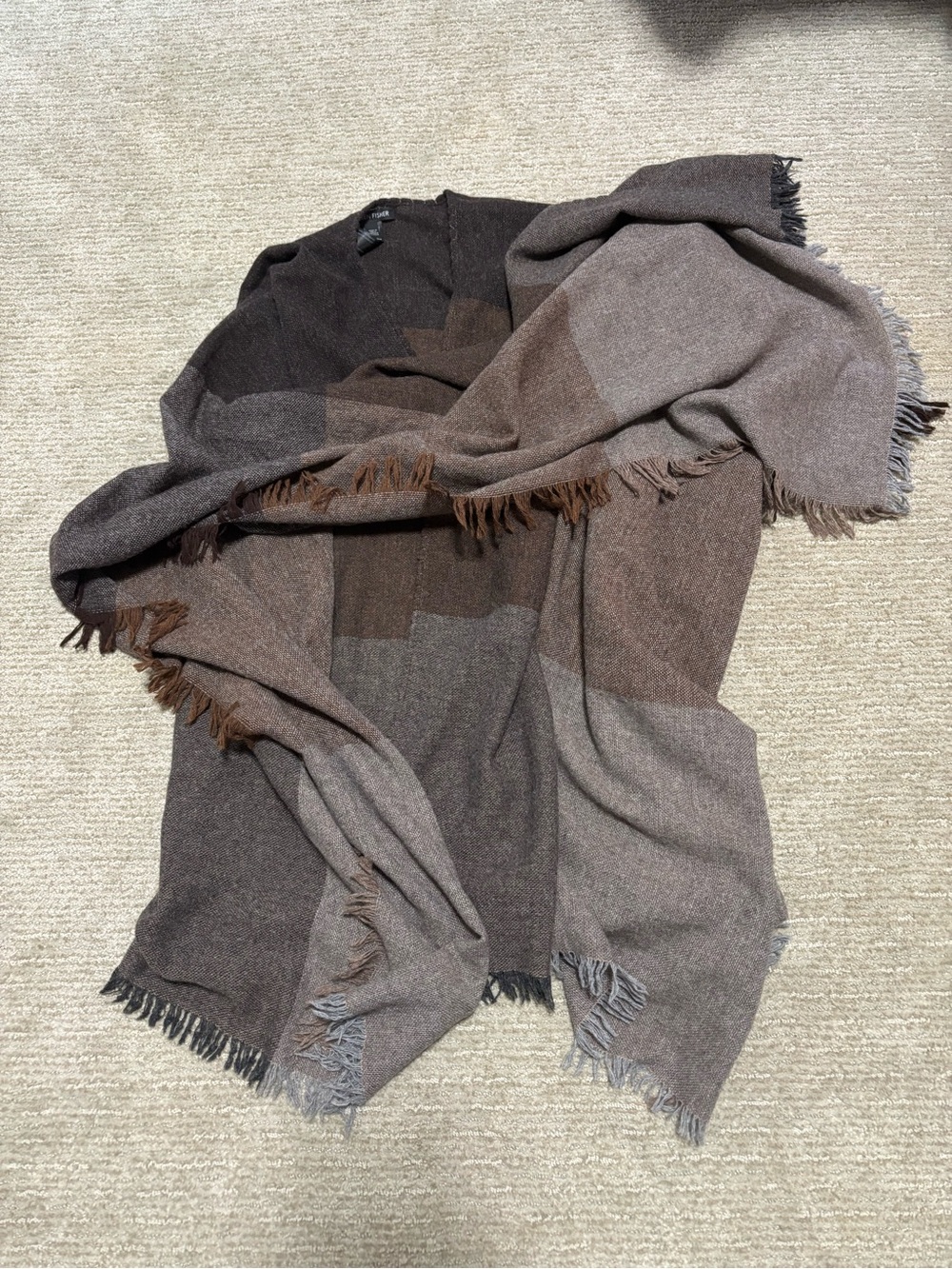 Eileen Fisher Brown & Gray Colorblock Fringe Sweater Wrap